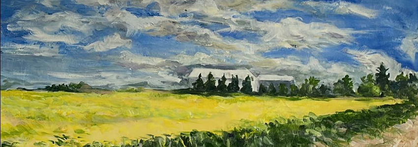 painting of a blue sky with clouds over a yellow field. bright green grass is in the foreground, with two white buildings and trees in the distance